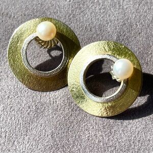 Vintage Modernist Sterling and gold vermeil hoop earrings with pearls Signed